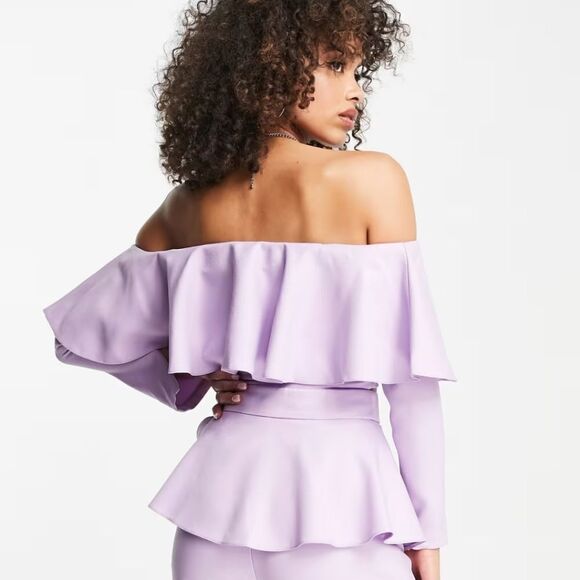 NWT ASOS LUXE Wide Flare Leg Tailored Pants Frill Overlay Lilac Purple 4 - Picture 4 of 14